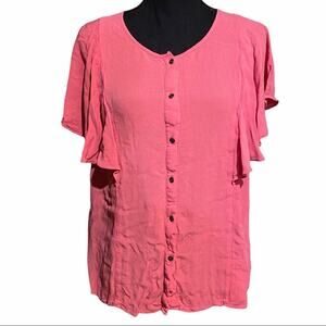 A.N.A. Ruffle Flutter Sleeve Button Front Top Blouse Pink L